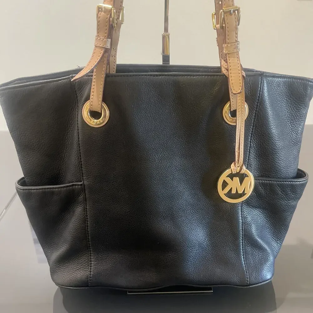 MICHAEL KORS Jet Set Black Pebbled Leather Tote Large Shoulder Handbag
